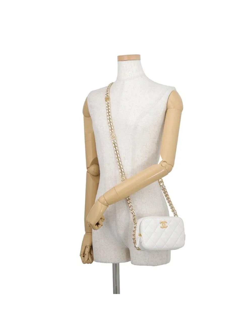 Chanel Chain Shoulder Bag Quilted CC Logo Caviar Leather White